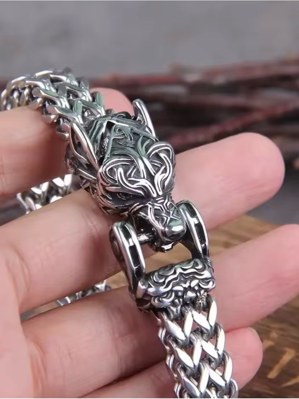 Sterling Silver Viking Wolf Bracelet - Braided Chain - Picture 4 of 11